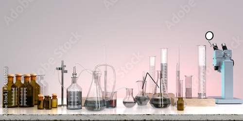 Photos Chemical experiment concept. Laboratory equipment. 3d rendering.