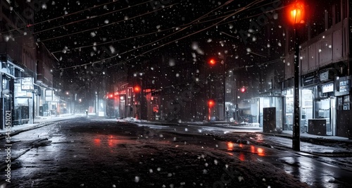 It is a winter evening and the streets are covered in snow. The city lights reflect off the frozen surface  creating a scene that is both peaceful and enchanting.