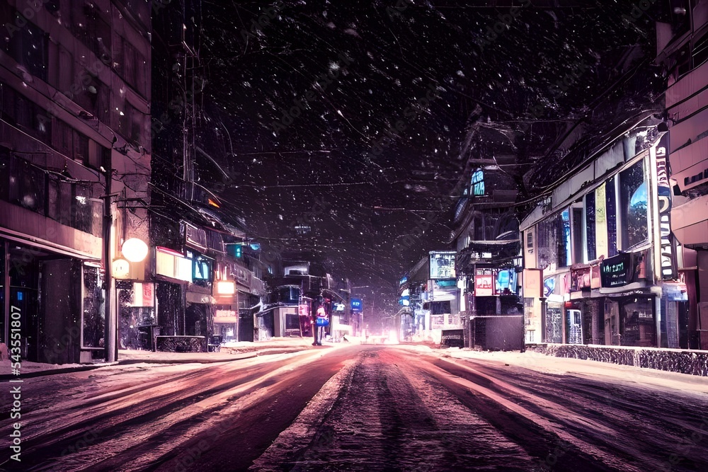 I am walking down a city street in the evening. It is winter, and the air is cold and crisp. The streets are lined with tall buildings, and there are people everywhere. I can see my breath in front of