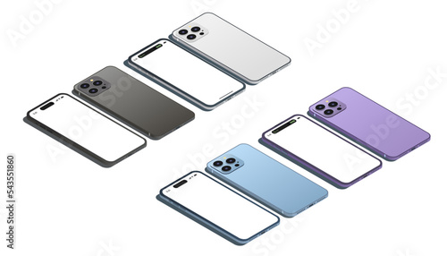 Isometric view of a new mobile phone with 4 different colors (space Black, silver, blue, deep purple) vector illustration. Suitable for mockup