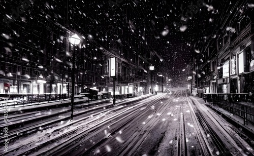 The City street is covered in a blanket of soft white snow. The cold winter evening air is visible in the glow of the street lamps. A few cars are parked along the curb, their exhausts creating clouds