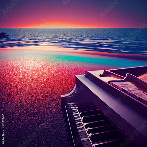 Surreal painting of melting black piano on the beach at sunrise, illustration art