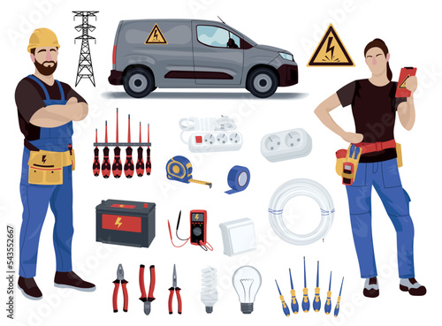 Electricians and different items on white background
