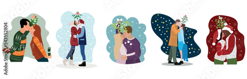 Set of couples kissing under mistletoe branch on white background