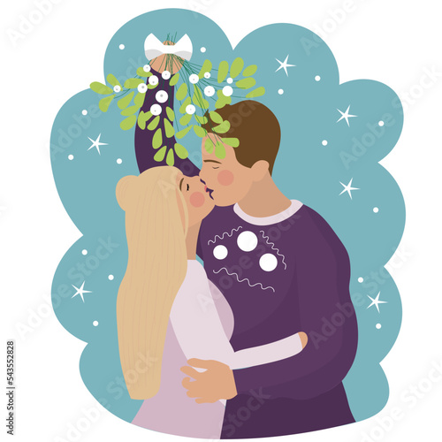 Couple kissing under mistletoe branch on white background
