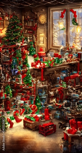 The Christmas toy factory is a flurry of activity. Toys are being assembled, wrapped and shipped off to excited children all over the world. The elves are busy at work and the conveyor belt keeps movi © dreamyart