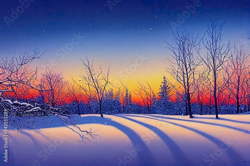 Beautiful winter sunset with trees in the snow © AkuAku