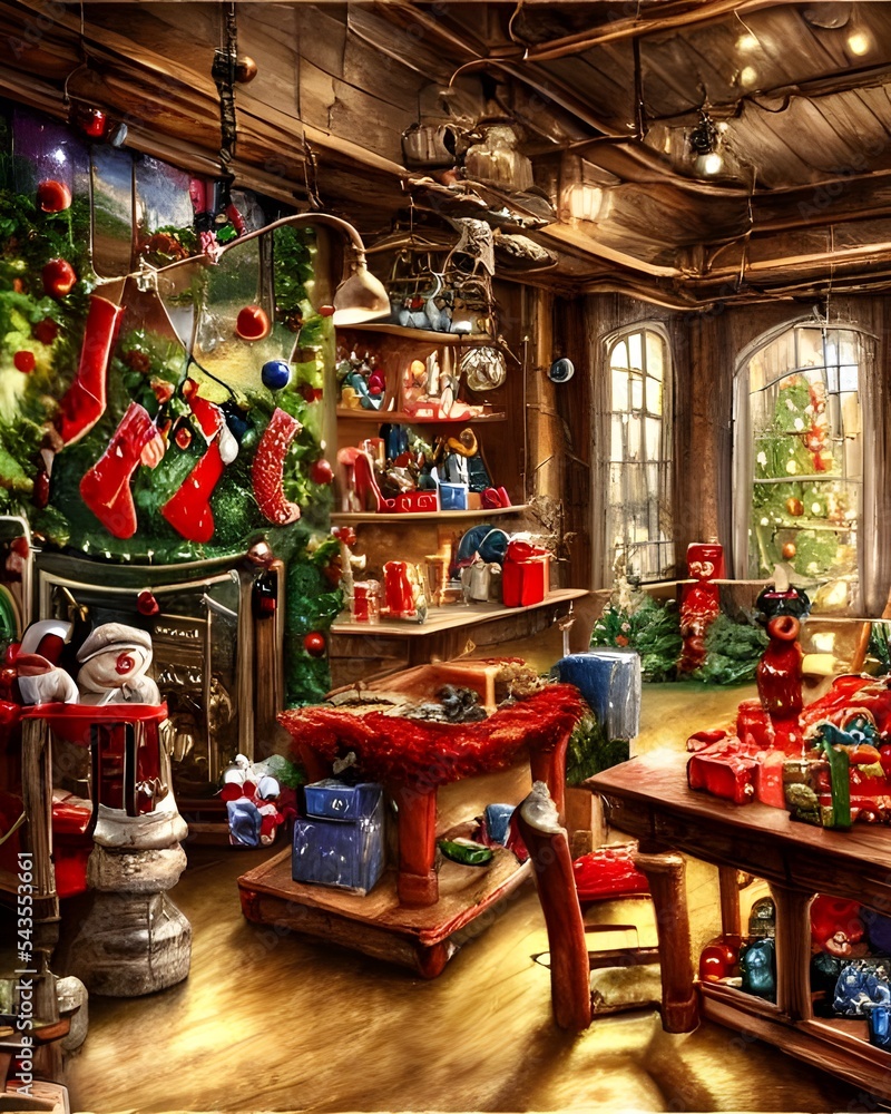 The Christmas toy factory is a bustling place. Workers are busy packing toys into boxes and loading them onto trucks. The air is filled with the sounds of machines and cheerful voices. On the walls, t