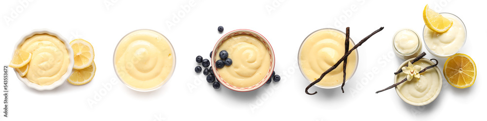 Obraz na płótnie Set of tasty pudding isolated on white, top view w salonie