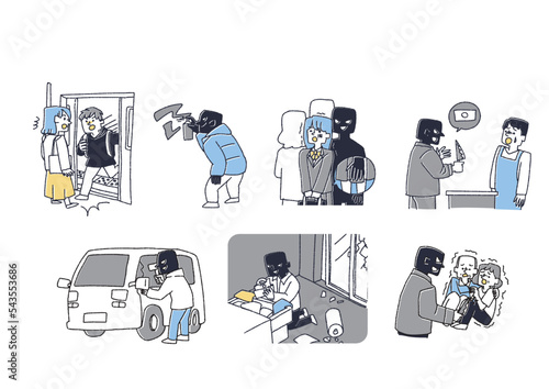 犯罪や迷惑行為をする人々のイラストセット