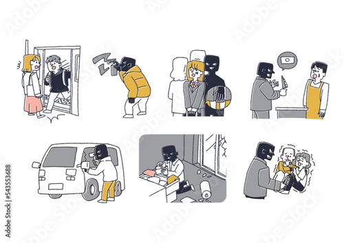 犯罪や迷惑行為をする人々のイラストセット