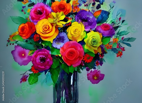 I am looking at a beautiful watercolor painting of a flower bouquet. The flowers are pink, purple, and white, and they are arranged in a glass vase. There is a light green background, and the whole pa photo