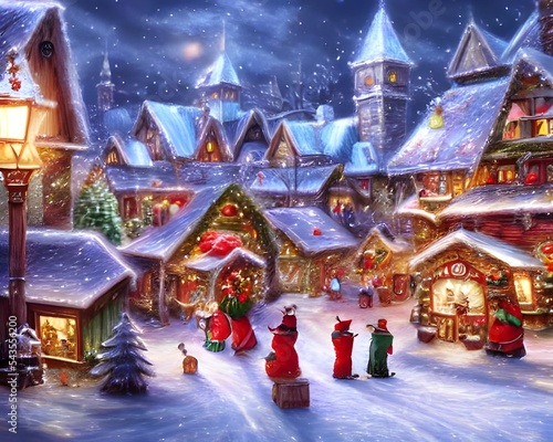 The snow is falling gently on the houses and churches of the winter christmas village. Icicles hang from the rooftops, and smoke rises from the chimneys. The Christmas tree in the center of the villag