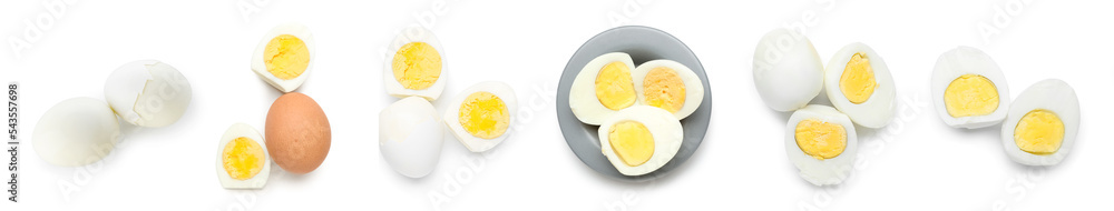 Set of healthy boiled eggs isolated on white, top view Set of healthy boiled eggs isolated on white, top view
