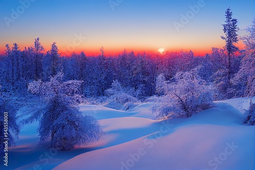 Snowy landscape at sunset, frozen trees in winter in Saariselka, Lapland, Finland photo
