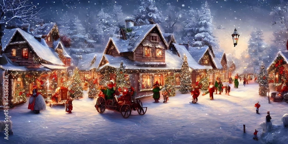 I see a winter christmas village scene. In the center of the image