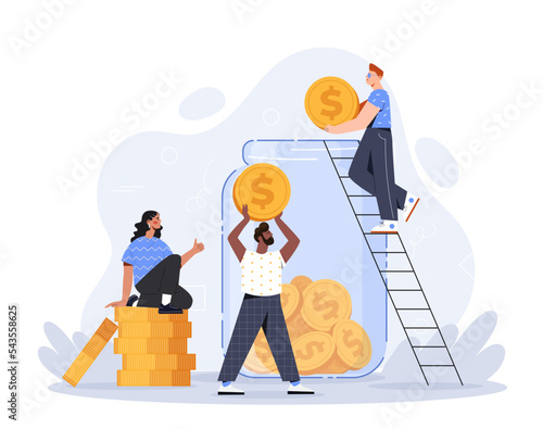 Saving coins concept. Men and woman put gold coins in jar. Financial literacy and family budget, passive income. Economy, investment and trading. Poster or banner. Cartoon flat vector illustration
