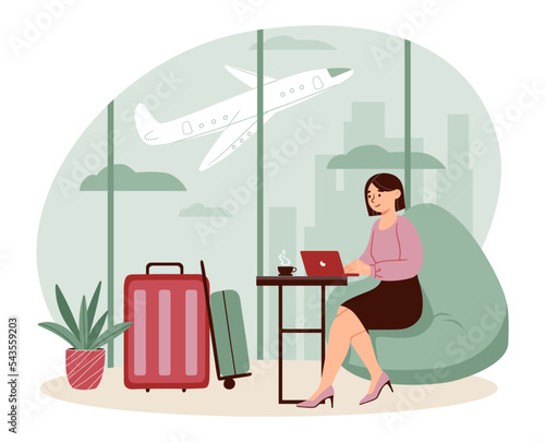 Businessman sitting airport. Woman with laptop works at airport. Tourism and travel, flights. Leisure and holidays in other countries. Poster or banner for website. Cartoon flat vector illustration