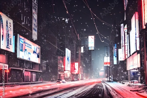 The snowflakes are falling gently down to the ground, covering the city streets in a blanket of white. The streetlights illuminate the scene and create a warm glow. Cars drive by slowly, their tires m