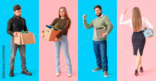 Set of sad and happy dismissed people with belongings on colorful background
