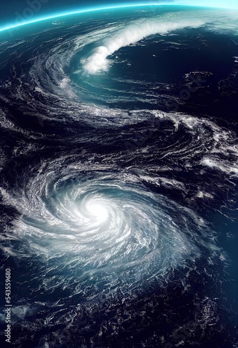 A view from space of an impending cyclone.There is not a single star in outer space.The color of the water in the ocean is blue.No land can be seen through the storm clouds of the cyclone.3D rendering