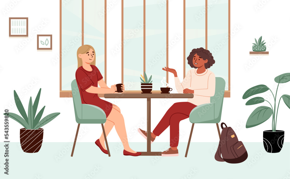 Friends in cafe. Two women sit at tables with hot drinks in their hands. Rest after work or study in cafe or restaurant. Leisure and hobby, poster or banner. Cartoon flat vector illustration Friends in cafe. Two women sit at tables with hot drinks in their hands. Rest after work or study in cafe or restaurant. Leisure and hobby, poster or banner. Cartoon flat vector illustration