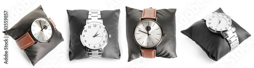 Valokuva Collage of stylish male wrist watches on white background