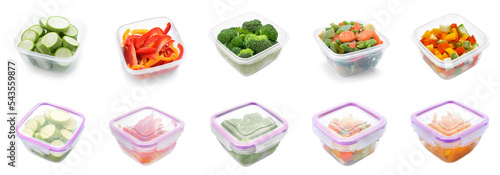 Set of plastic containers with fresh vegetables on white background