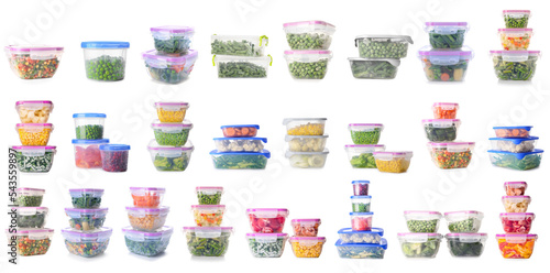 Collage of plastic containers with fresh vegetables on white background photo