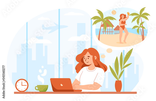 Office manager dreaming. Young girl works at laptop and waiting for rest on beach. Vacation and holiday. Travel, trip to tropical and exotic countries concept. Cartoon flat vector illustration
