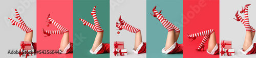 Foto Many legs of sexy young women in Christmas stockings on colorful background