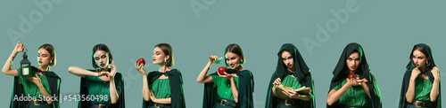 Fotografie, Obraz Set of young witch on green background