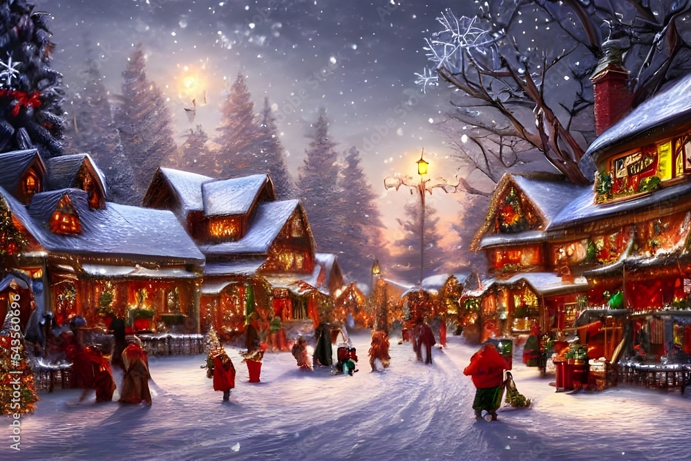 I see a winter christmas village. It's so beautiful with the snow and ...