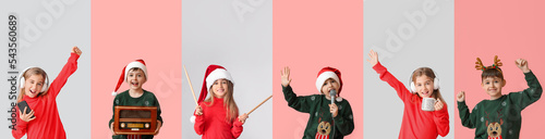 Children with headphones, drumsticks, radio receiver and microphone on color background. Christmas celebration photo
