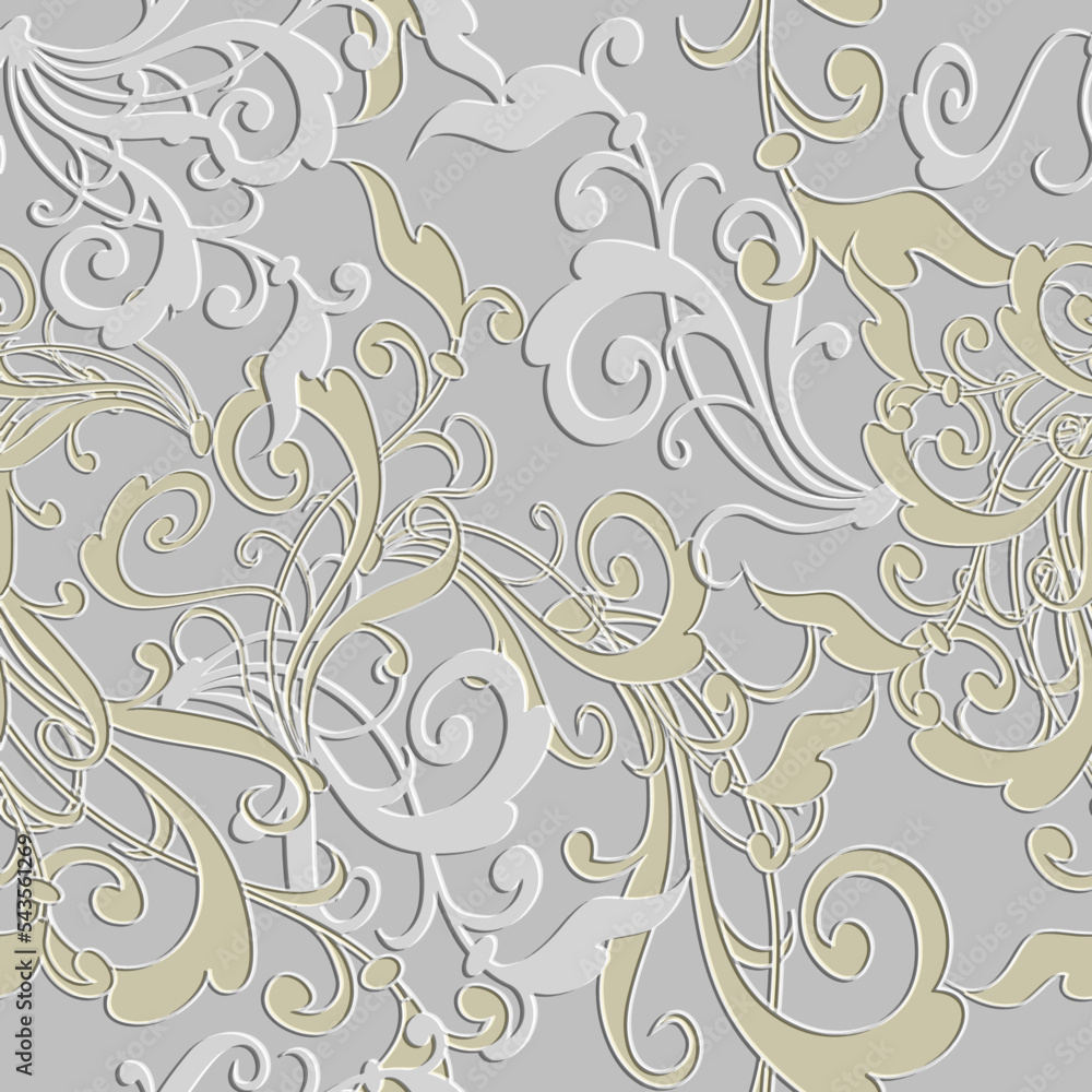 Floral Baroque 3d seamless pattern. Vector embossed white background. Repeat emboss grunge backdrop. Surface relief 3d flowers leaves ornament in Baroque style. Textured pattern with embossing effect