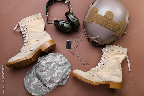 Military shoes, cap, helmet...