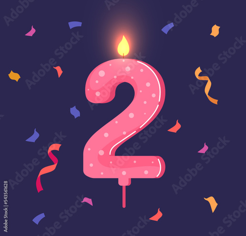 Birthday candle with number 2. Present, gift and surprise. Sweets, dessert and delicacy. Graphic element for printing on fabric. Festival, holiday and party. Cartoon flat vector illustration