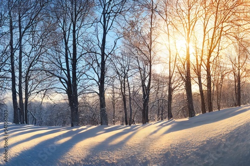 beautiful snowy winter landscape panorama with forest and sun. winter sunset in forest panoramic view. sun shines through snow covered trees © AkuAku