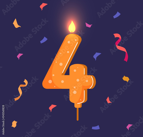 Birthday candle with number 4. Graphic element for printing on fabric. Decoration element for desserts and delicacies. Symbol of holidays, traditions and culture. Cartoon flat vector illustration
