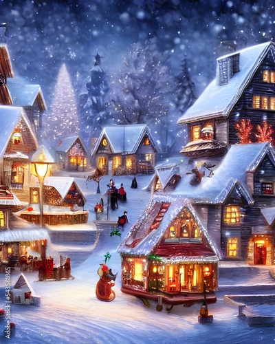 The winter christmas village is covered in a light dusting of snow. The houses are all different colors, with smoke coming out of their chimneys. There's a big Christmas tree in the center of the vill