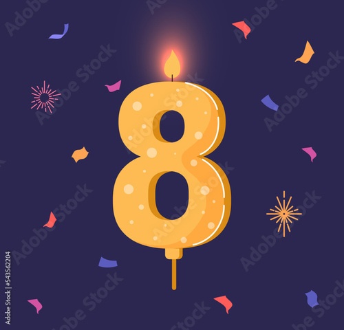 Birthday candle with number 8. Sticker for social networks and messengers, graphic element for printing on fabric. Decor element for desserts and delicacies. Cartoon flat vector illustration