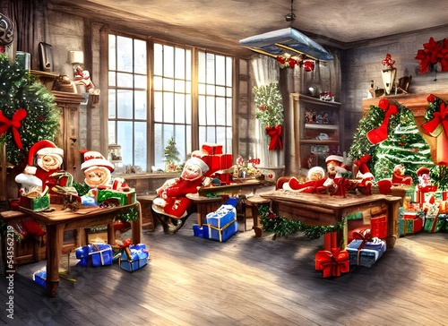 The Christmas toy factory is an exciting place to be. The elves are busy at work, making toys for all the good girls and boys. Santa Claus is here too, checking on his helpers and making sure everythi photo