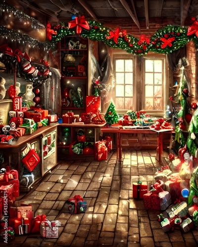 In the Christmas toy factory, there are hundreds of elves working hard to make sure that every child gets a present on Christmas morning. The shelves are lined with all kinds of toys, from dolls to tr