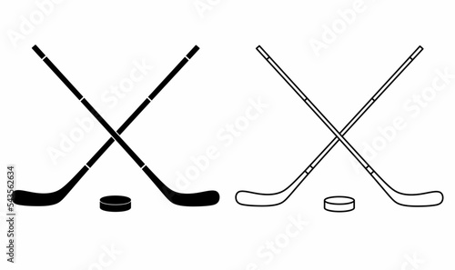 crossed hockey sticks and puck icon set isolated on white background