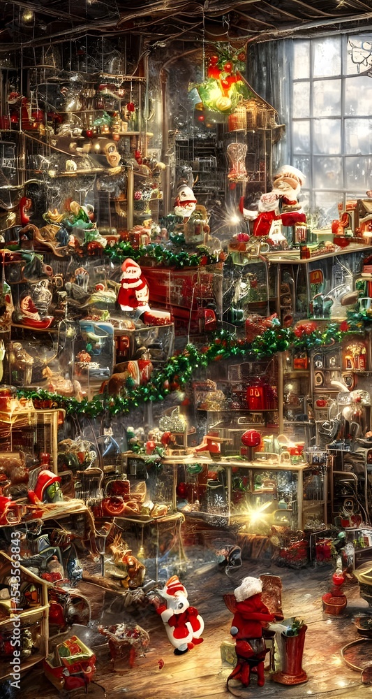 Fototapeta premium The Christmas toy factory is a flurry of activity. Elves are busy constructing toys, while others are wrapping them in bright paper and bows. The air is full of the scent of pine needles and gingerbre