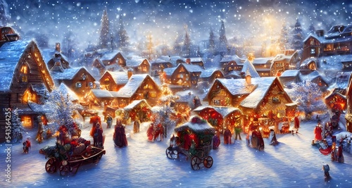 A cold wind is blowing through the winter christmas village. The snow is falling gently on the rooftops and windowsills of the houses. The clock tower in the center of town is chiming, andThe people a photo