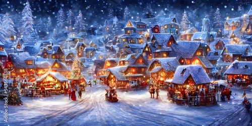 It is a winter christmas village. The houses are all covered in snow, and there is a light dusting of frost on the trees. In the distance, you can see the faint outline of mountains.