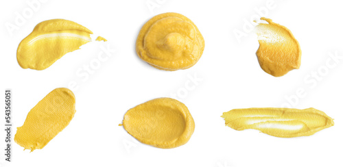 Set with spicy mustard on white background, top view. Banner design