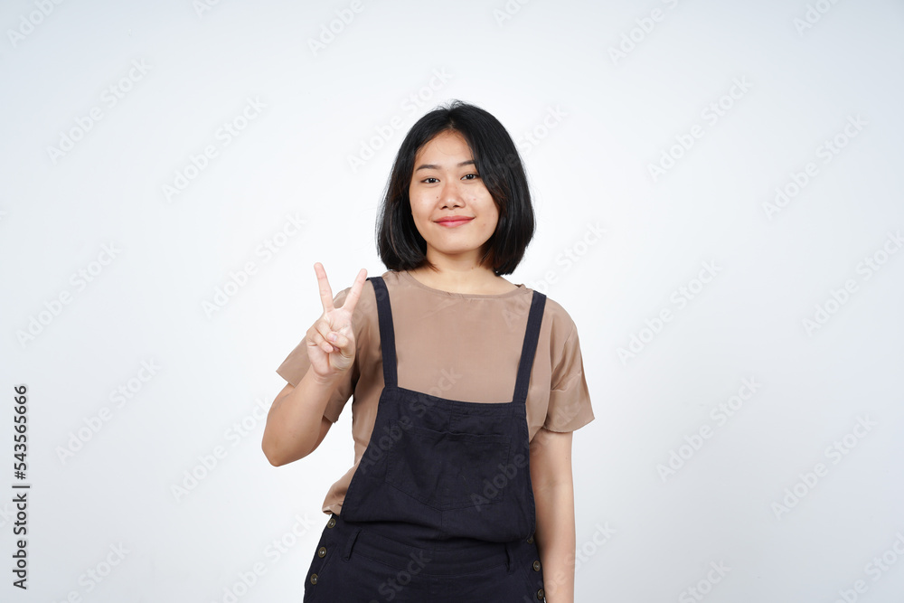 Showing Peace Sign of Beautiful Asian Woman Isolated On White Background Showing Peace Sign of Beautiful Asian Woman Isolated On White Background
