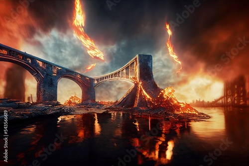 Fotografie, Obraz 3D illustration about an explosion on Kerch Strait Bridge of Crimea on fire